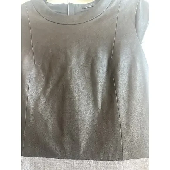 Theory Black Leather and Gray Wool Blend Cap Sleeve Knee Length Business Dress - Picture 3 of 6